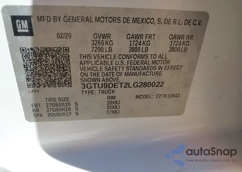 2020 GMC Sierra 1500 4Wd Short Box Slt from USA, damaged, VIN 3GTU9DET2LG280022